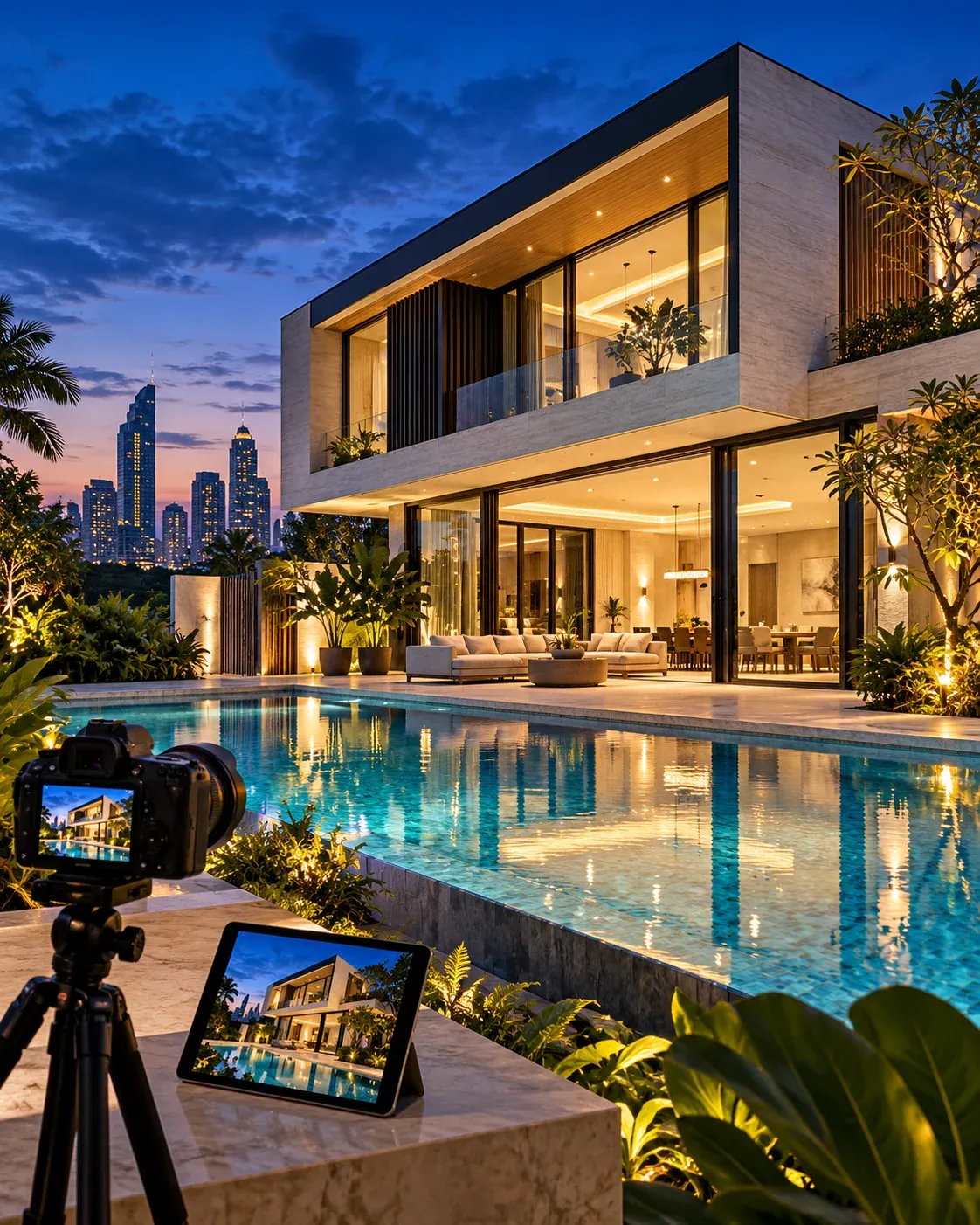 ถ่ายภาพบ้านพูลวิลล่ายามค่ำเพื่อลงประกาศ